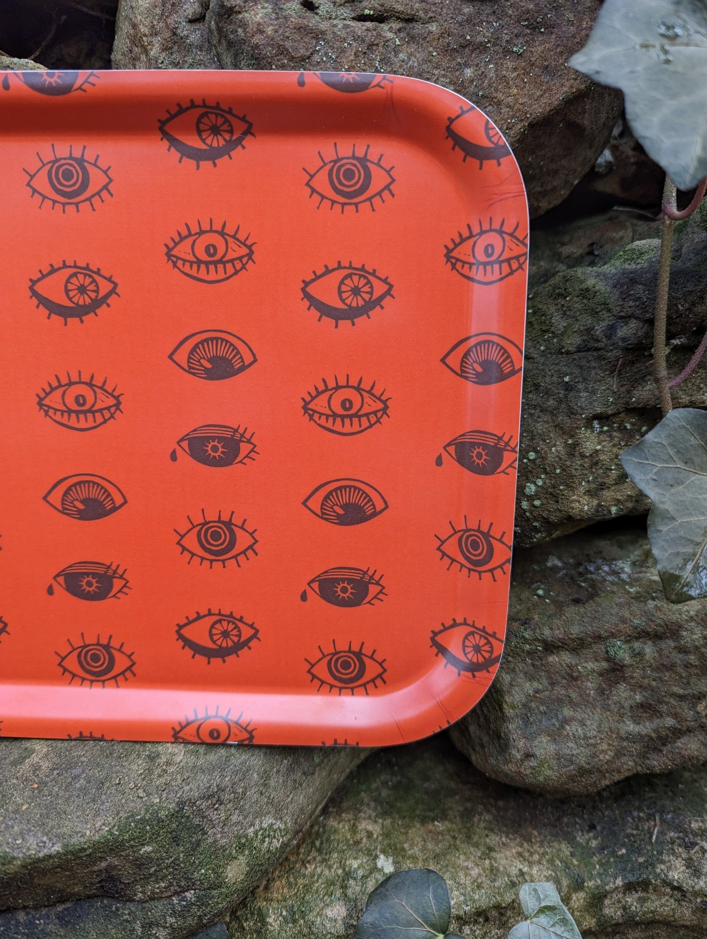 birch wood tray | eyeball - orange blockprint eye 11" x 8" dishwasher safe