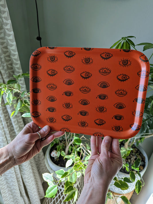birch wood tray | eyeball - orange blockprint eye 11" x 8" dishwasher safe