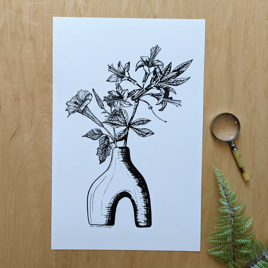 art print | footed vase with angel's trumpet & azalea