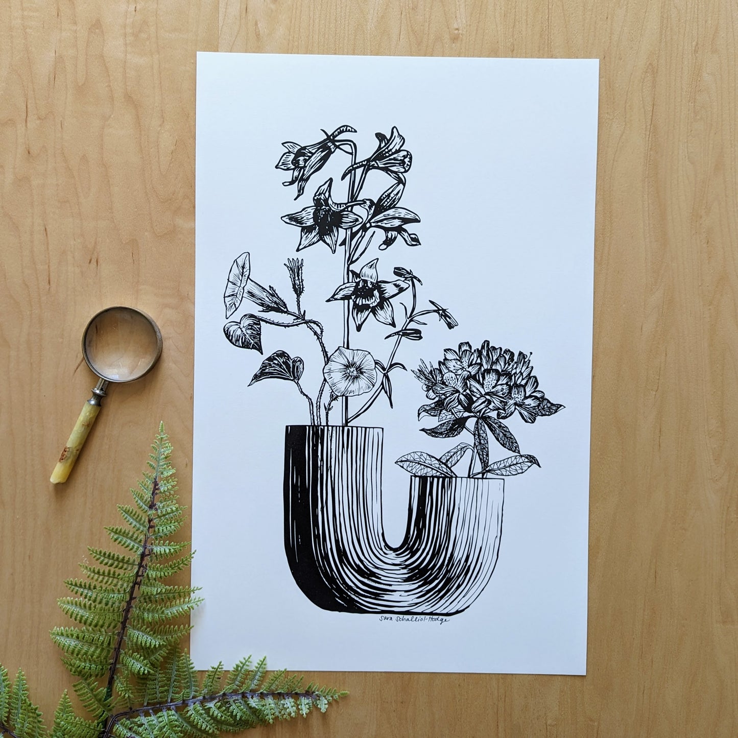 art print | u vase with morning glory, larkspur, & rhododendron