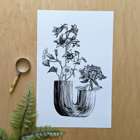 art print | u vase with morning glory, larkspur, & rhododendron