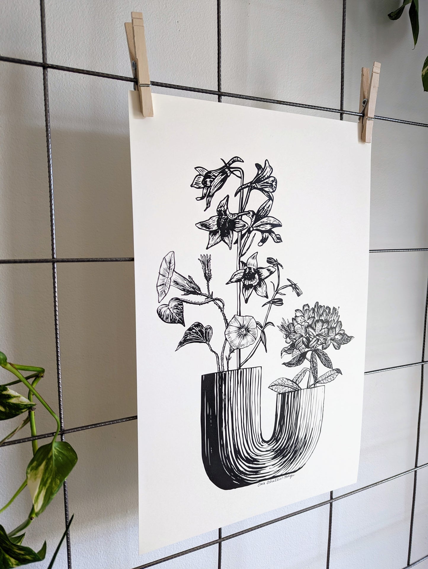 art print | u vase with morning glory, larkspur, & rhododendron