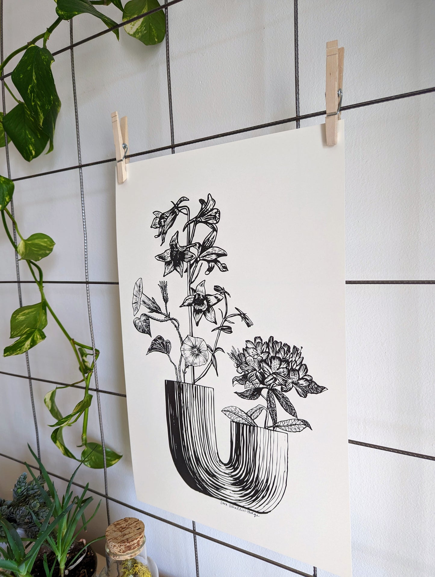 art print | u vase with morning glory, larkspur, & rhododendron