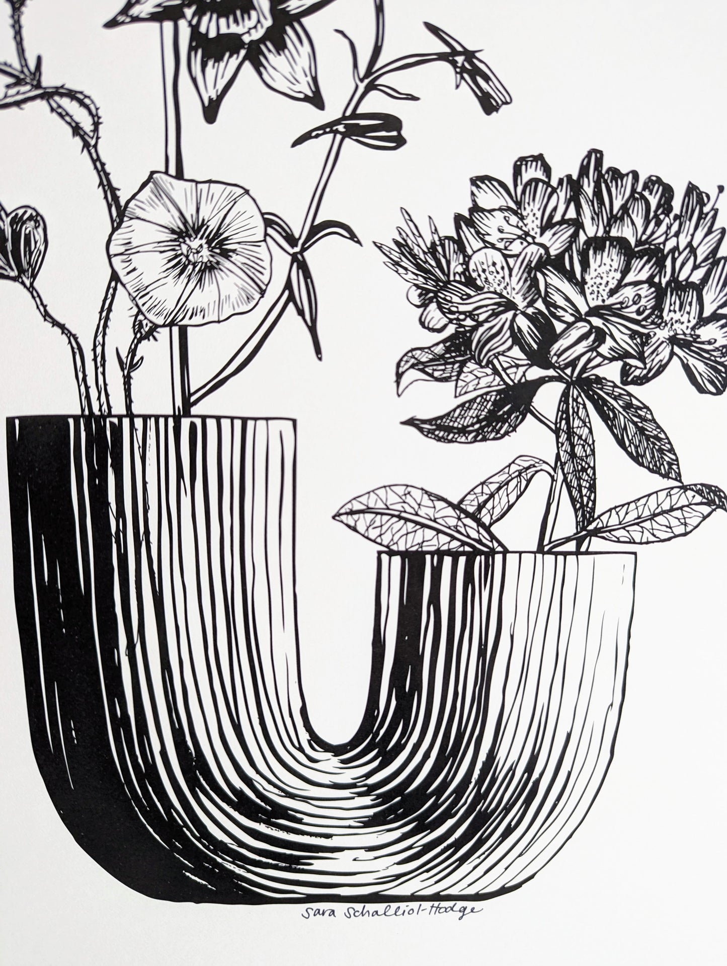art print | u vase with morning glory, larkspur, & rhododendron