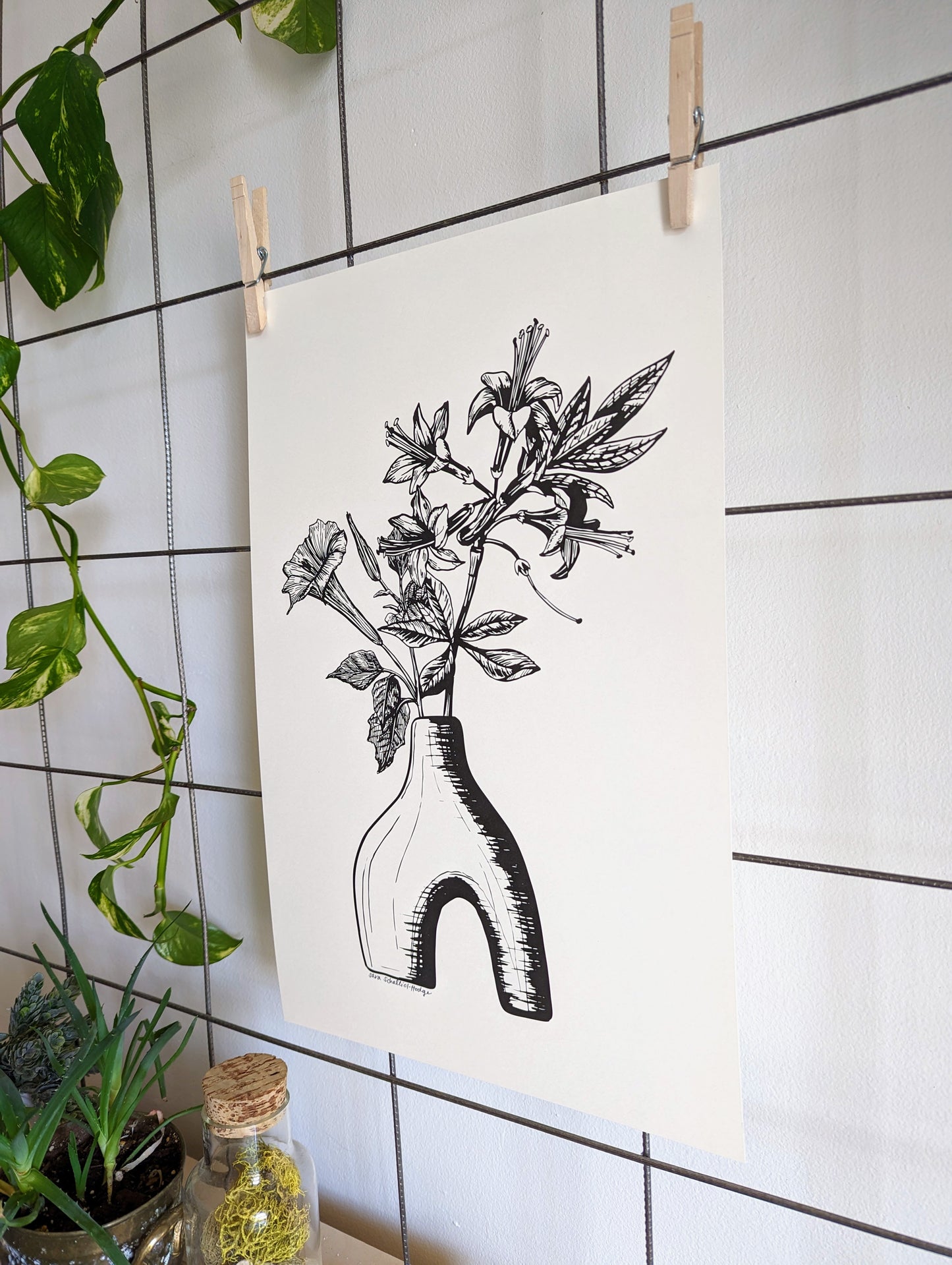 art print | footed vase with angel's trumpet & azalea