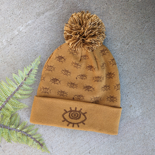 beanie hat | eyeball - orange arcylic knit hat with eye pattern