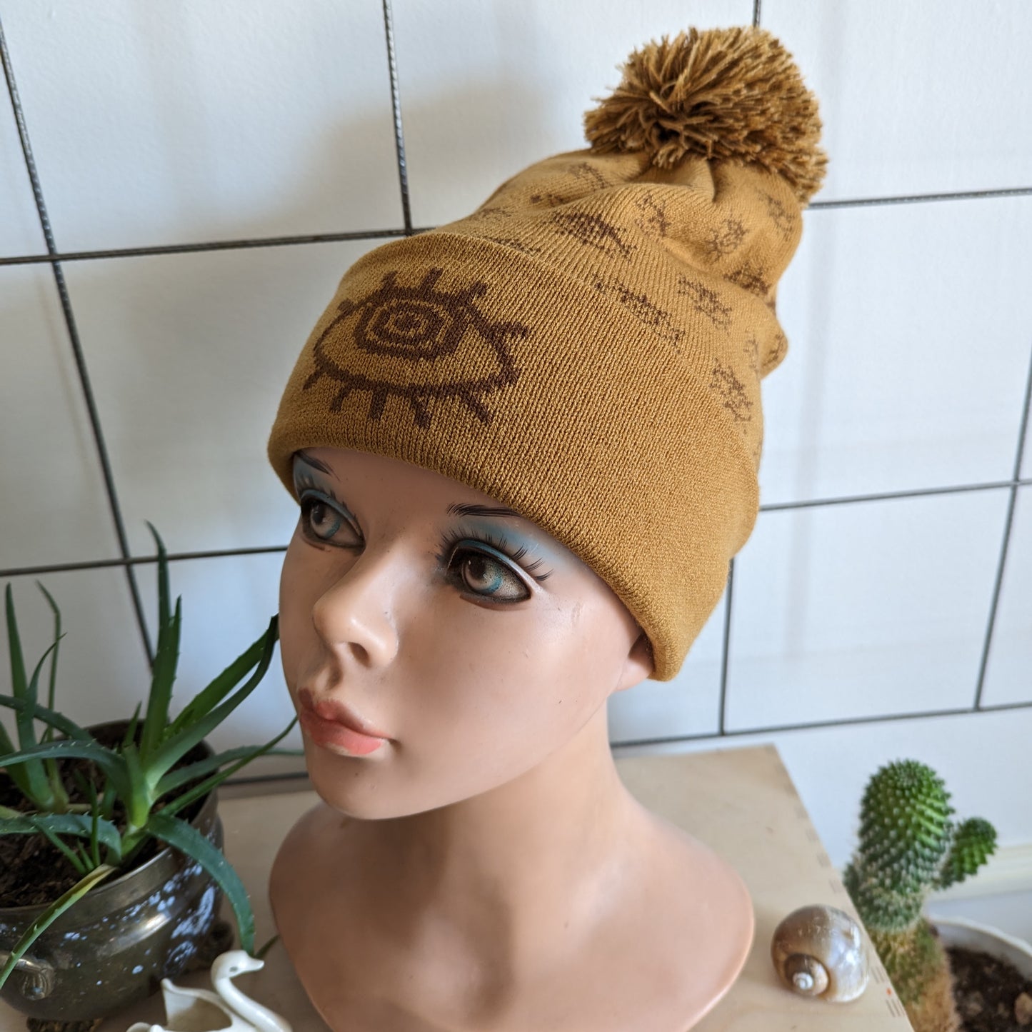beanie hat | eyeball - orange arcylic knit hat with eye pattern