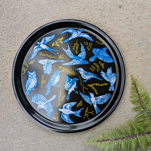 birch wood tray | night birds - blue & black 12" round, dishwasher safe