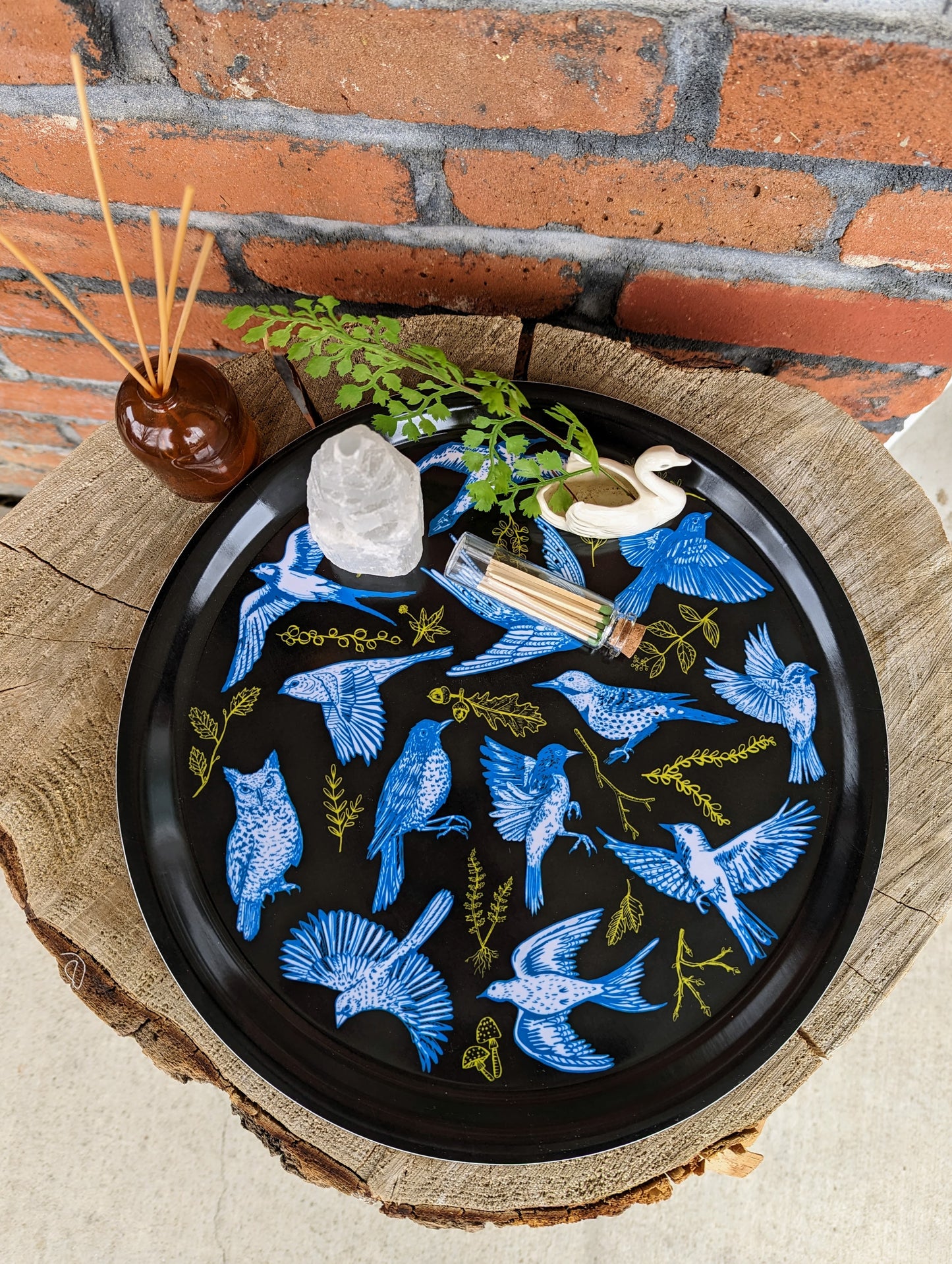 birch wood tray | night birds - blue & black 12" round, dishwasher safe