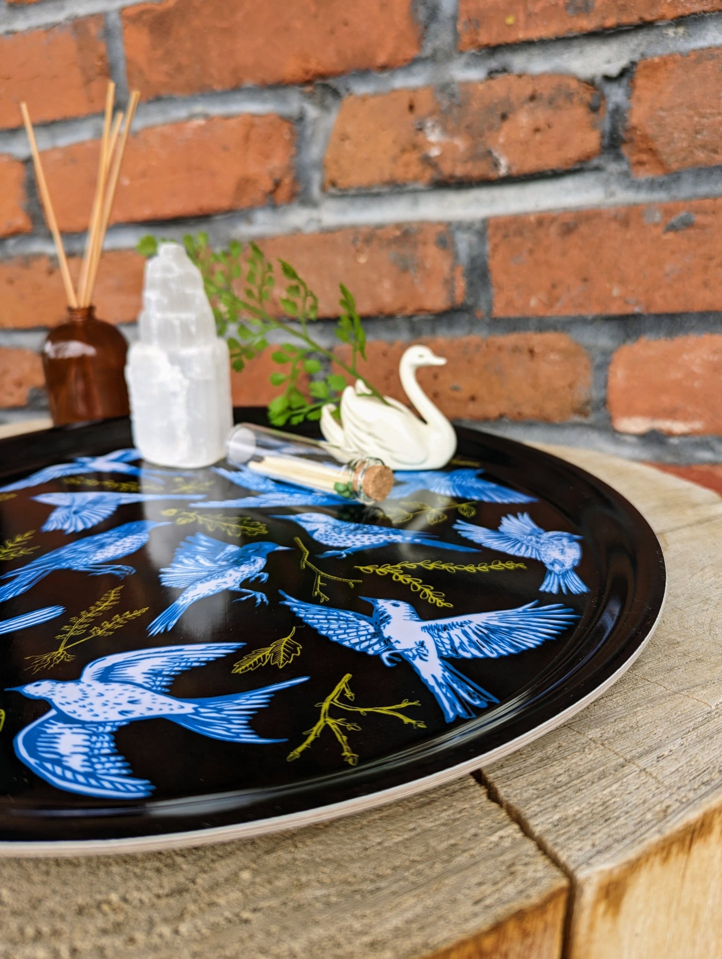 birch wood tray | night birds - blue & black 12" round, dishwasher safe