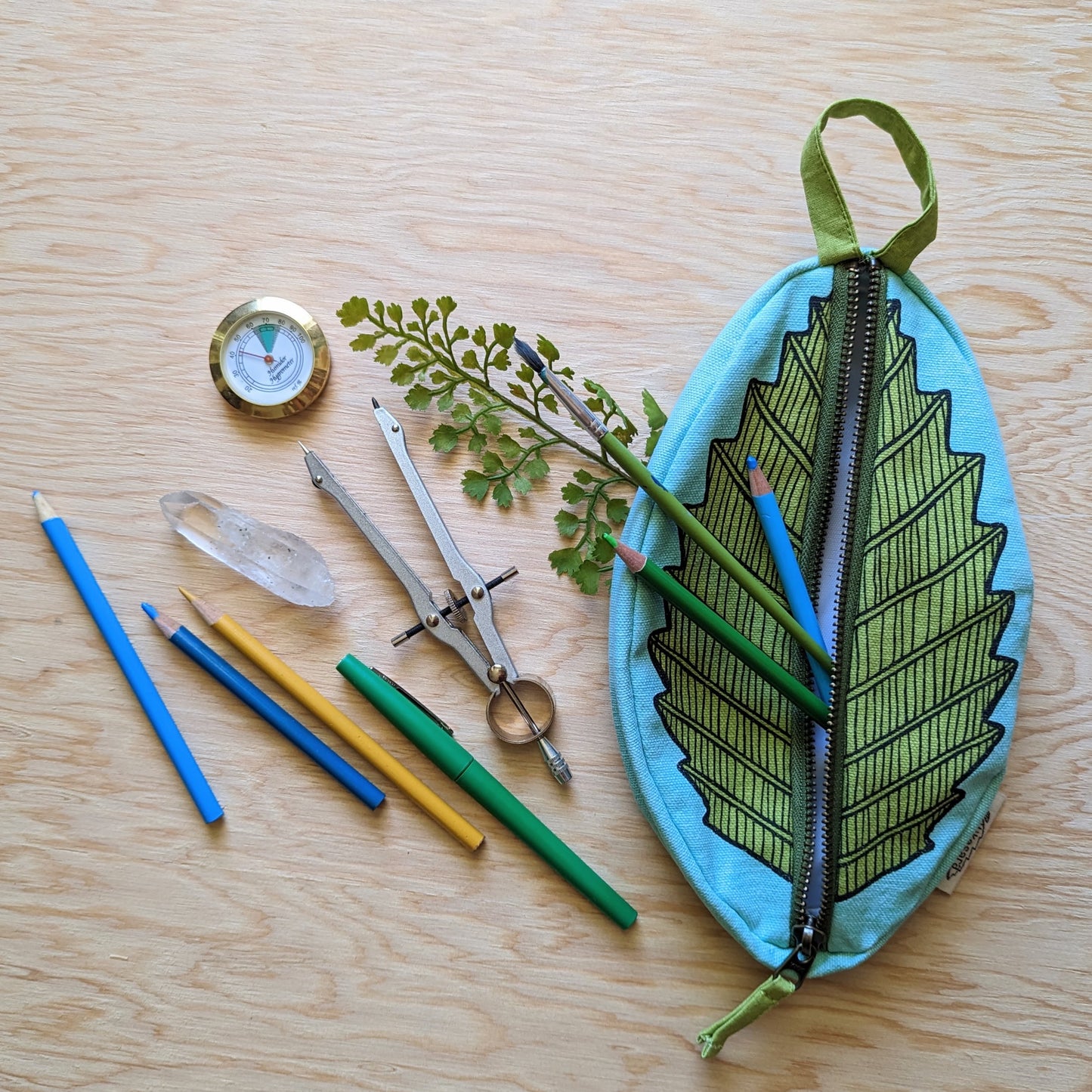 zippered pouch | leaf - green & blue nature pencil, supply, makeup bag with waterproof lining