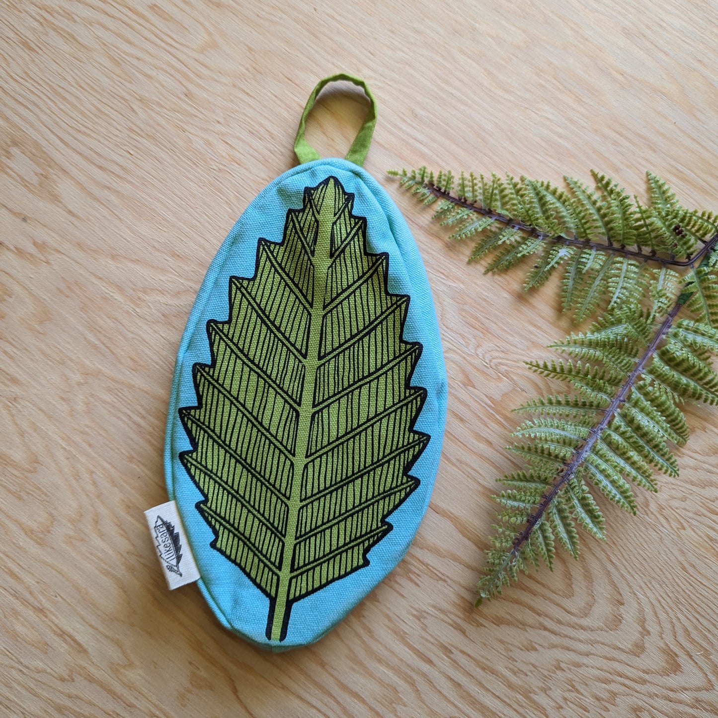zippered pouch | leaf - green & blue nature pencil, supply, makeup bag with waterproof lining