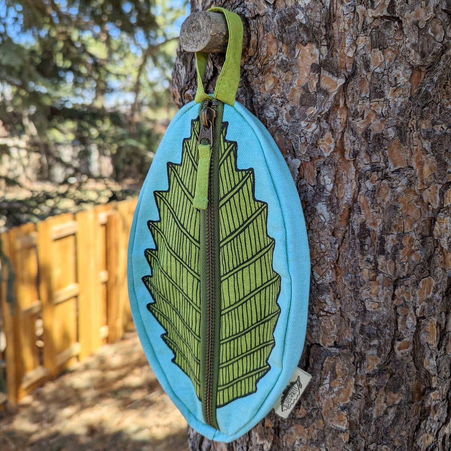 zippered pouch | leaf - green & blue nature pencil, supply, makeup bag with waterproof lining