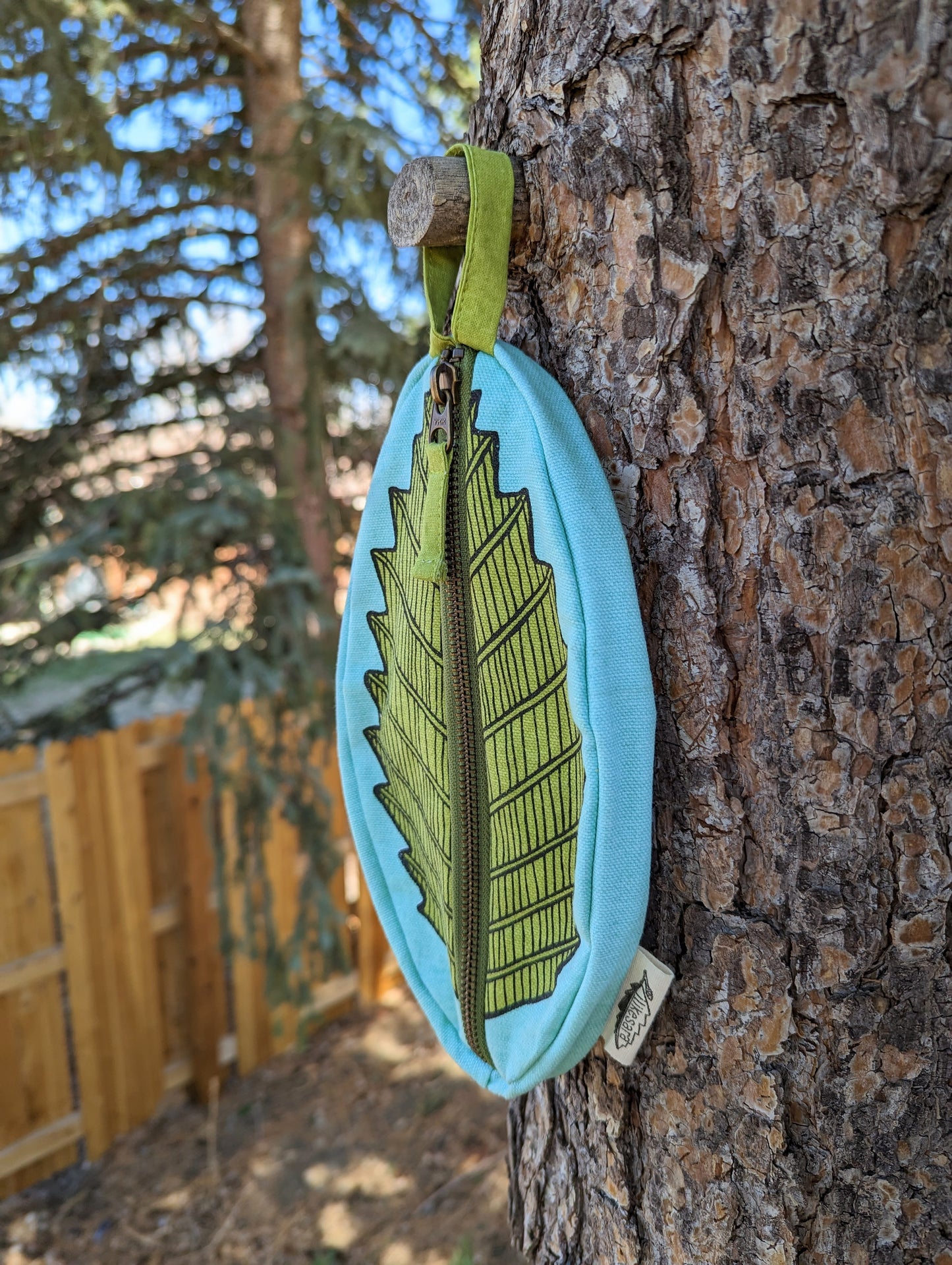 zippered pouch | leaf - green & blue nature pencil, supply, makeup bag with waterproof lining