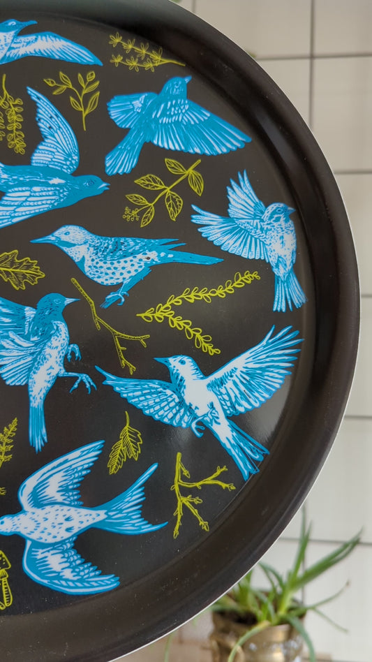 birch wood tray | night birds - blue & black 12" round, dishwasher safe