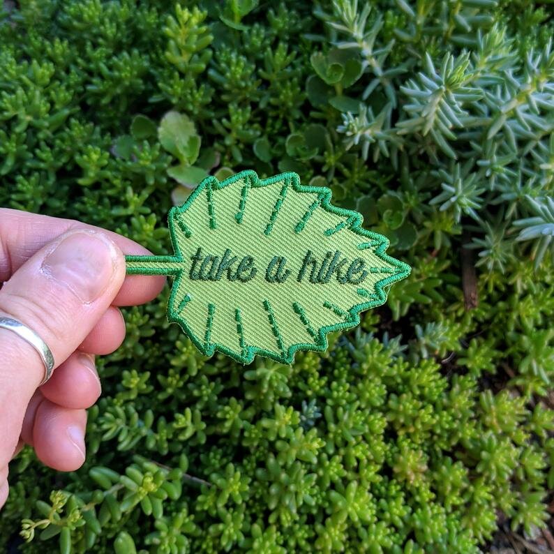 iron-on patch | take a hike leaf - green 1.75" x 2.75"