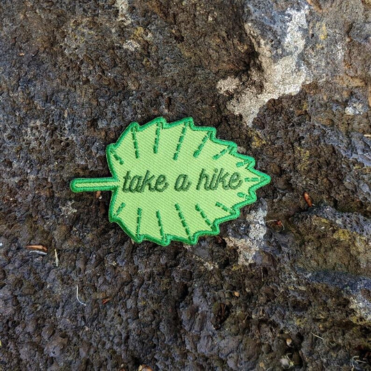 iron-on patch | take a hike leaf - green 1.75" x 2.75"