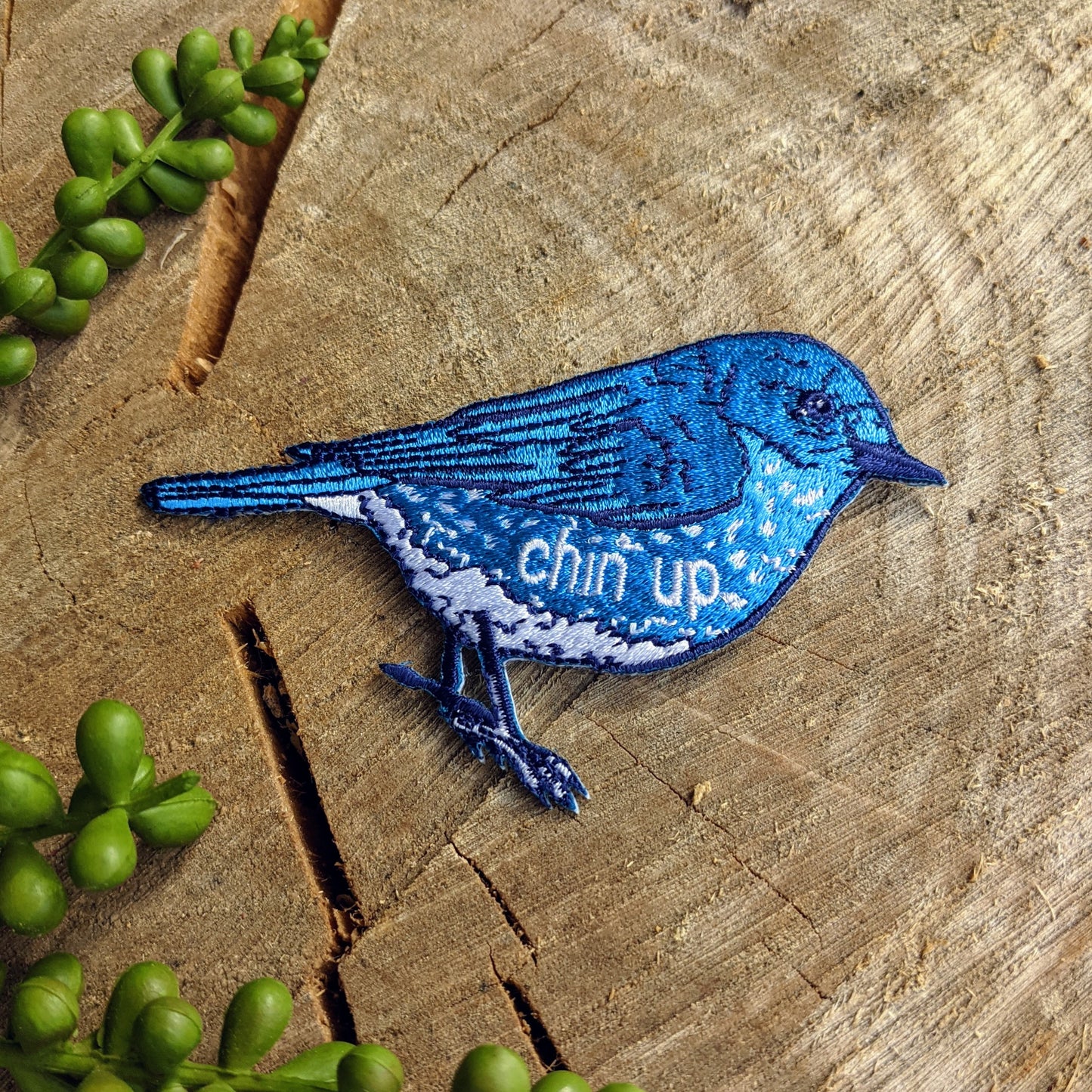 iron-on patch | chin up blue bird - 3.75" x 2.7"