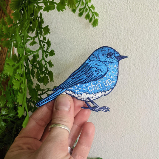 iron-on patch | chin up blue bird - 3.75" x 2.7"