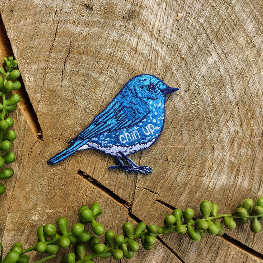 iron-on patch | chin up blue bird - 3.75" x 2.7"