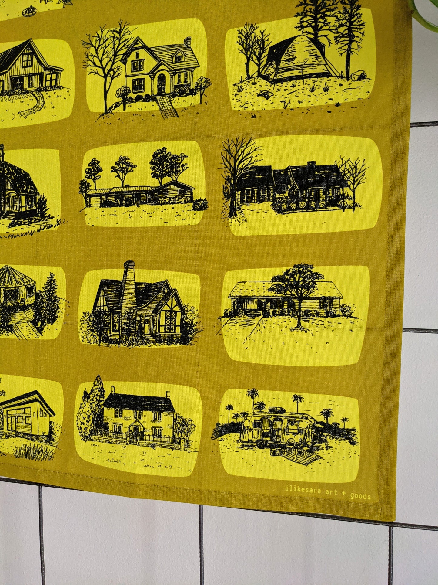 tea towel | houses - yellow architecture dish cloth