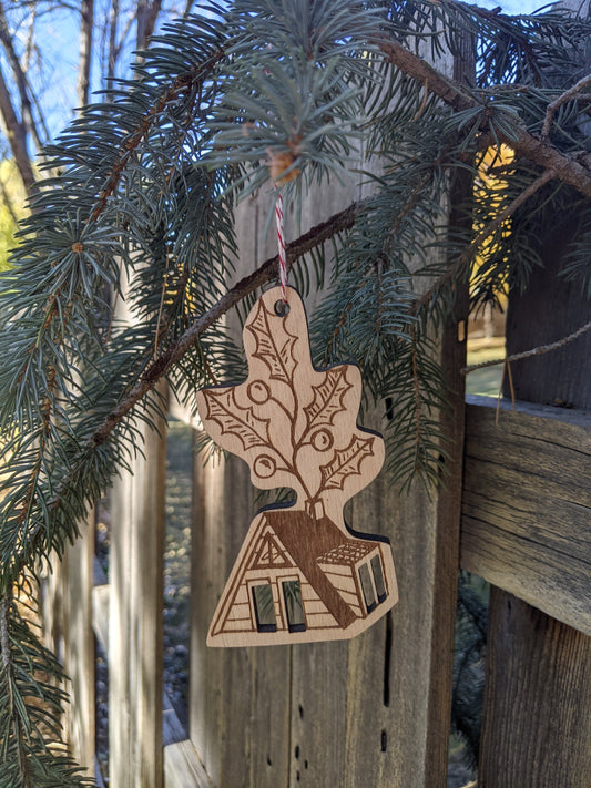 wooden ornament | holly a-frame cabin - laser-cut birch plywood Christmas decor