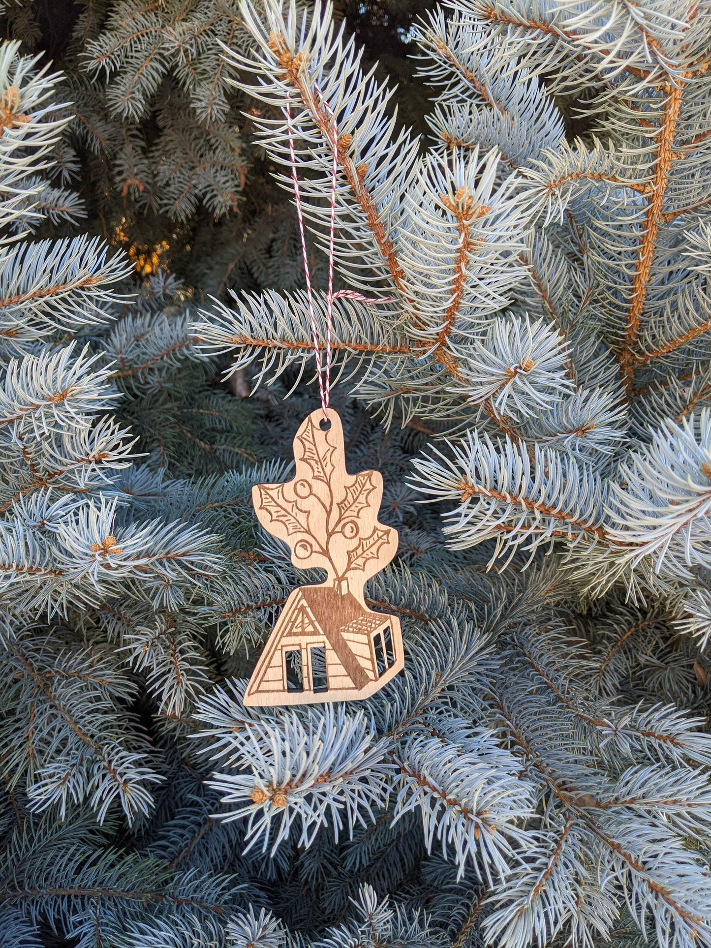 wooden ornament | holly a-frame cabin - laser-cut birch plywood Christmas decor