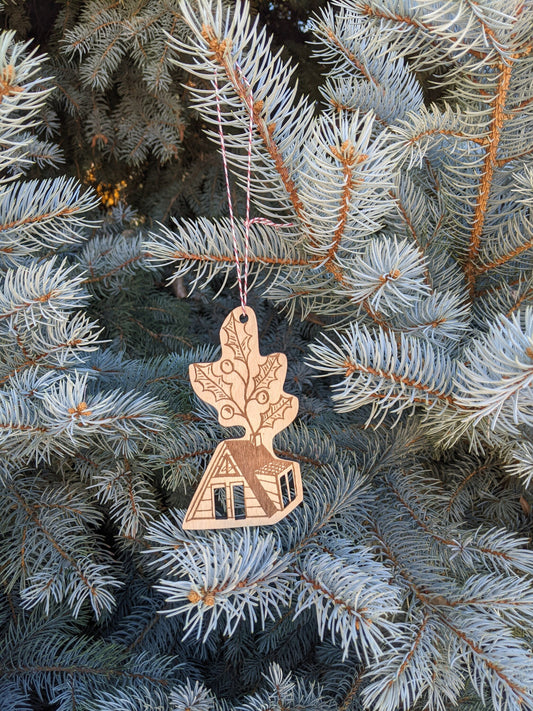 wooden ornament | holly a-frame cabin - laser-cut birch plywood Christmas decor