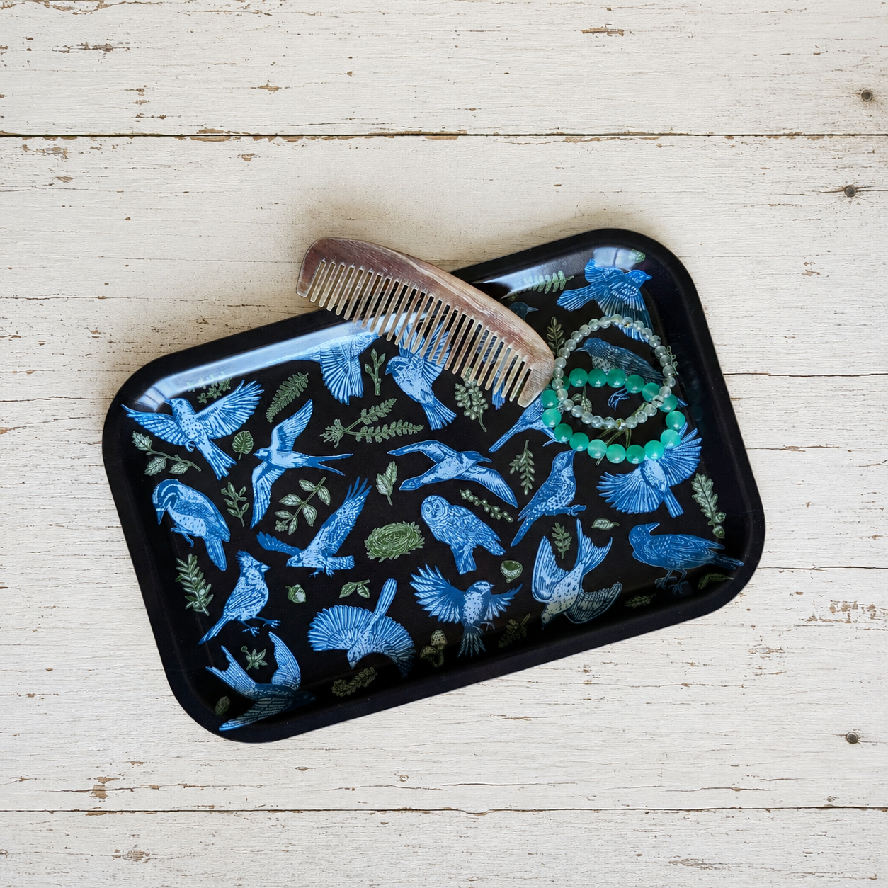 birch wood tray | night birds - black 13" x 8.5" dishwasher safe