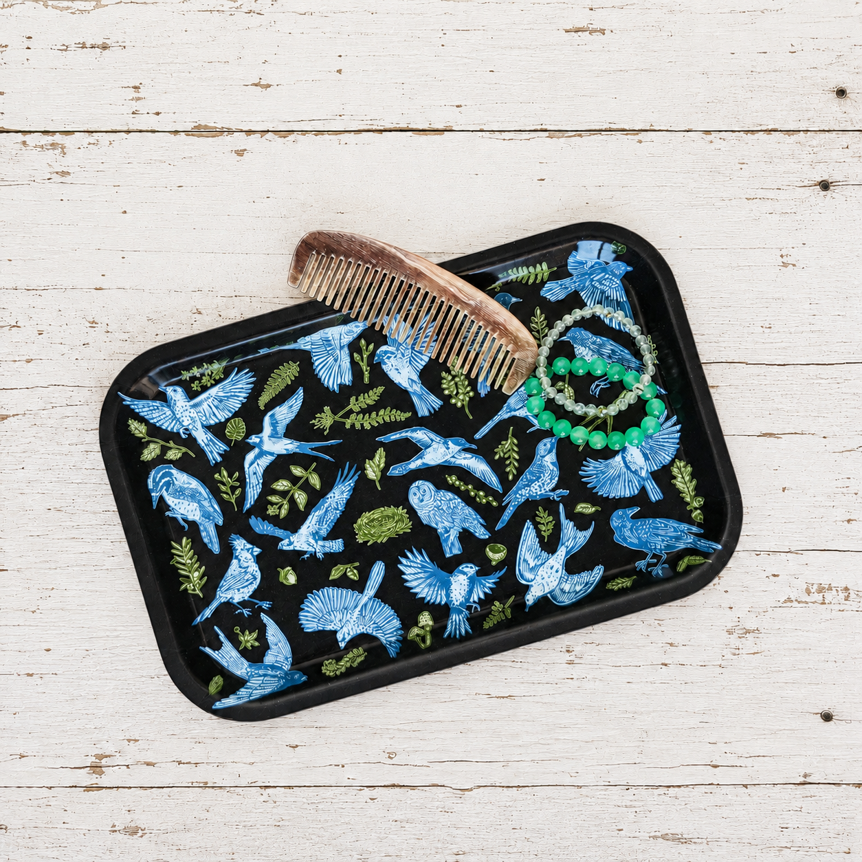 birch wood tray | night birds - black 13" x 8.5" dishwasher safe