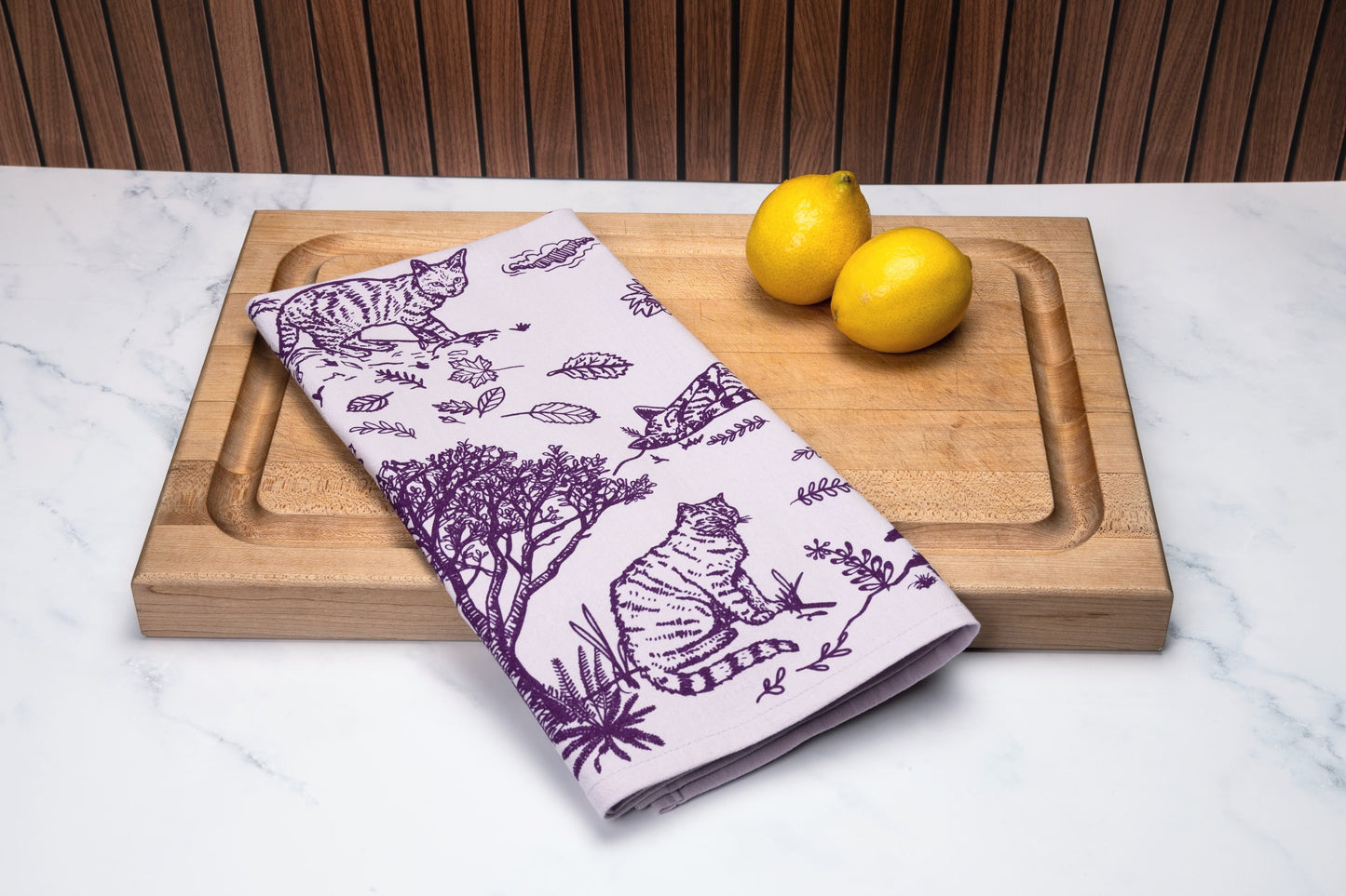 tea towel | outside cats - purple cotton flour sack kitchen dish cloth