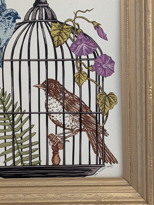 art print | caged birds 2- robin & blue bird