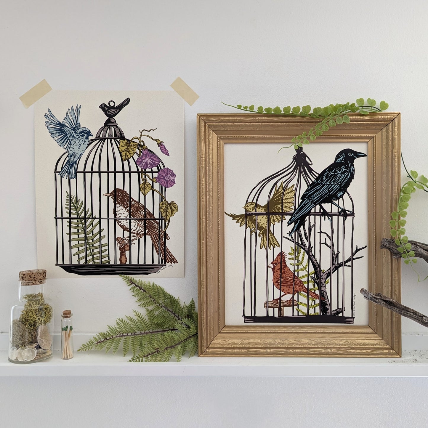 art print | caged birds 1 - finch, cardinal, & raven
