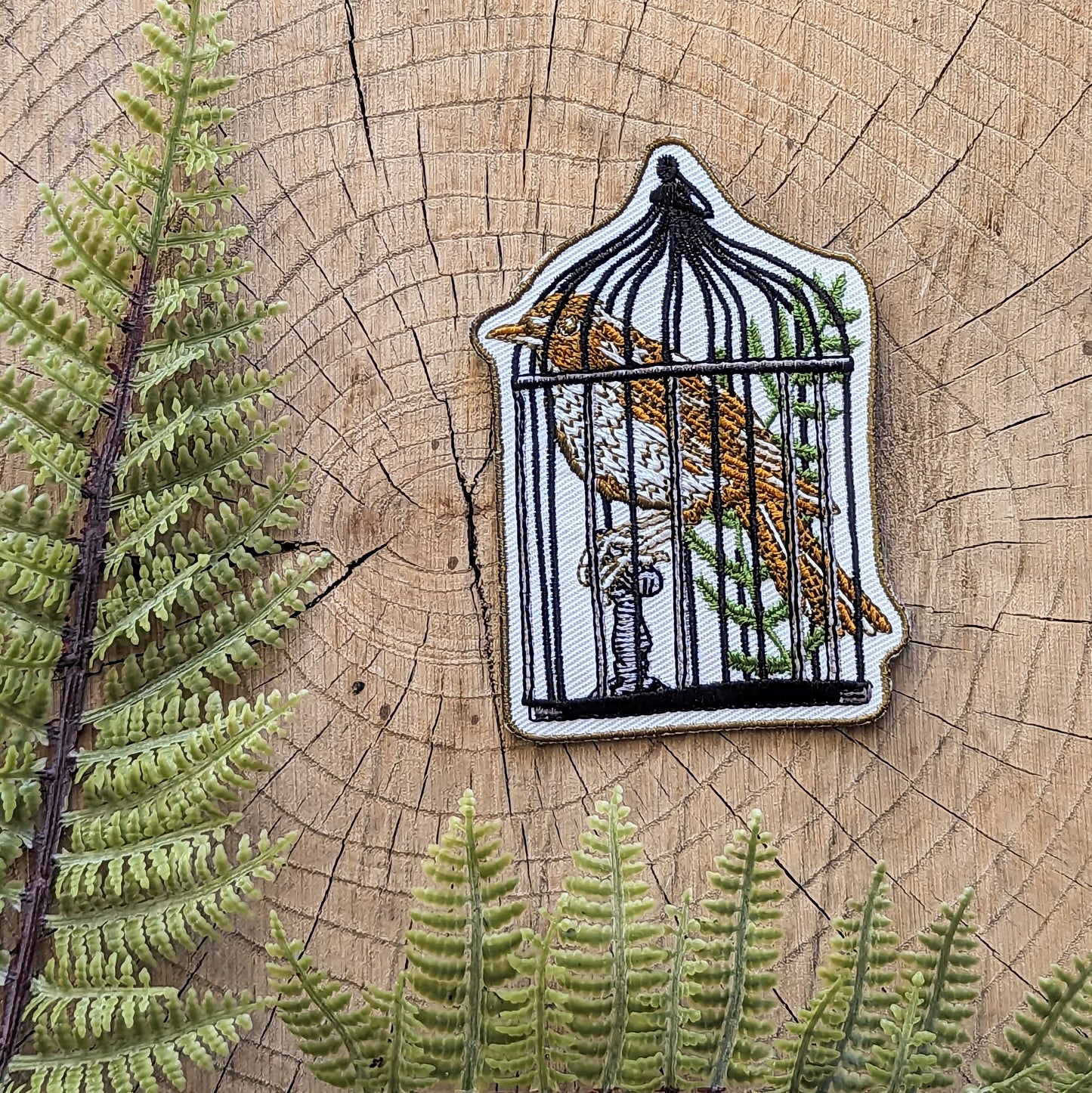 iron-on patch | caged robin bird - 2.6" x 3.7"
