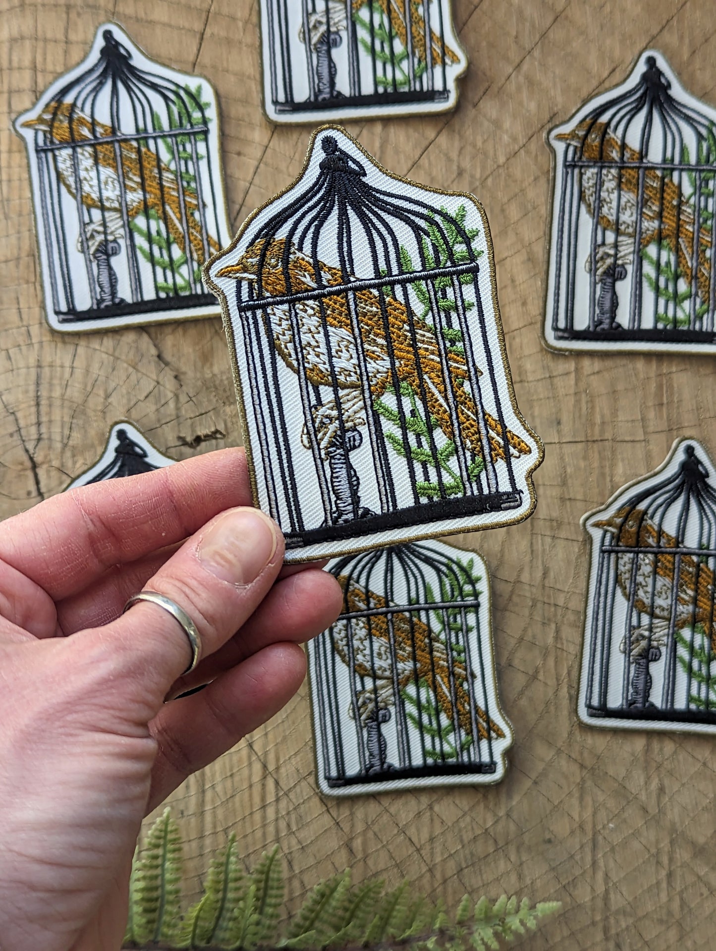 iron-on patch | caged robin bird - 2.6" x 3.7"