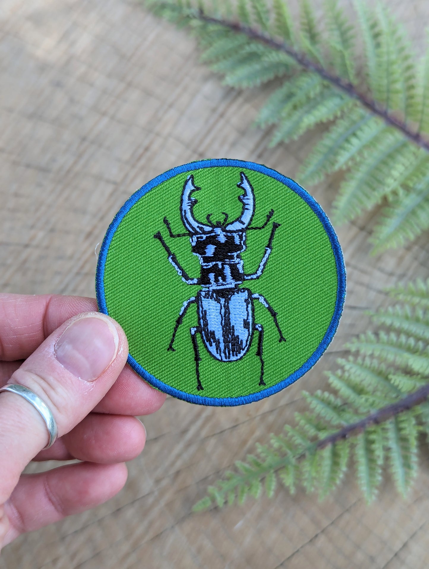 iron-on patch | stag beetle - green 2.5" round