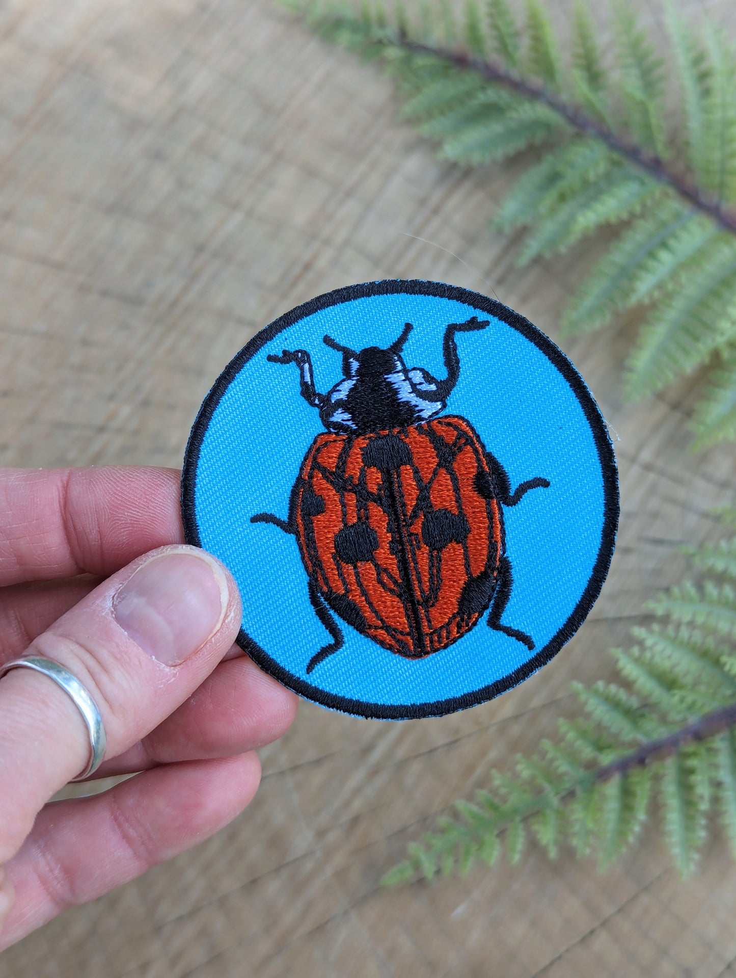 iron-on patch | ladybug - blue & red 2.5" round