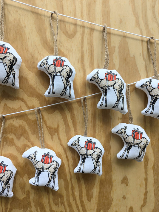 stuffed plush ornament | deer with gift - hand-screenprinted woodland forest holiday Christmas decor