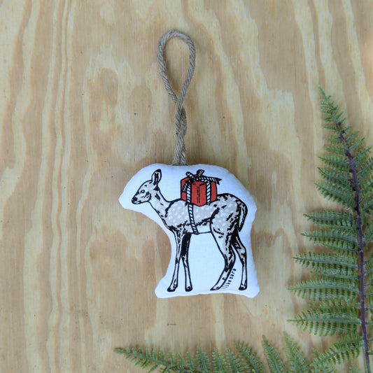stuffed plush ornament | deer with gift - hand-screenprinted woodland forest holiday Christmas decor