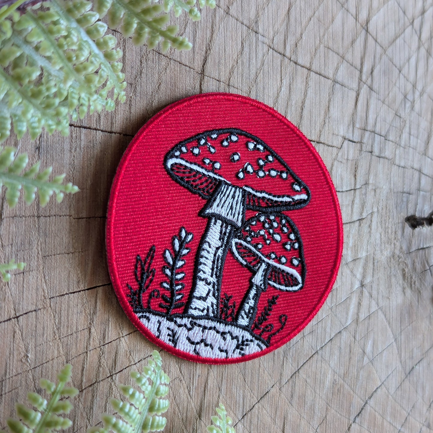iron-on patch | fly agaric mushroom - 2.5" round red