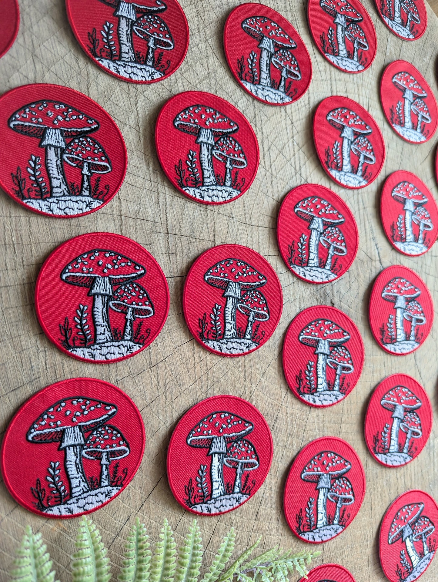 iron-on patch | fly agaric mushroom - 2.5" round red