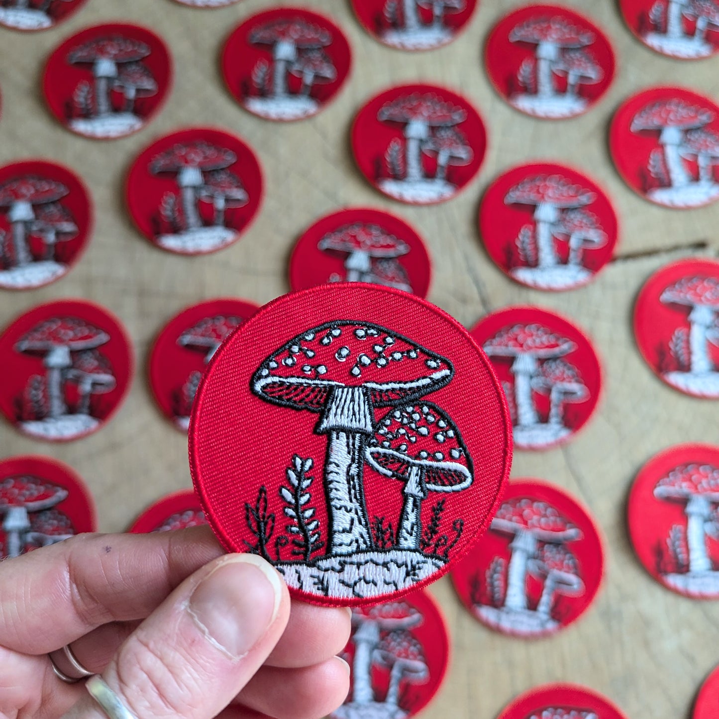 iron-on patch | fly agaric mushroom - 2.5" round red