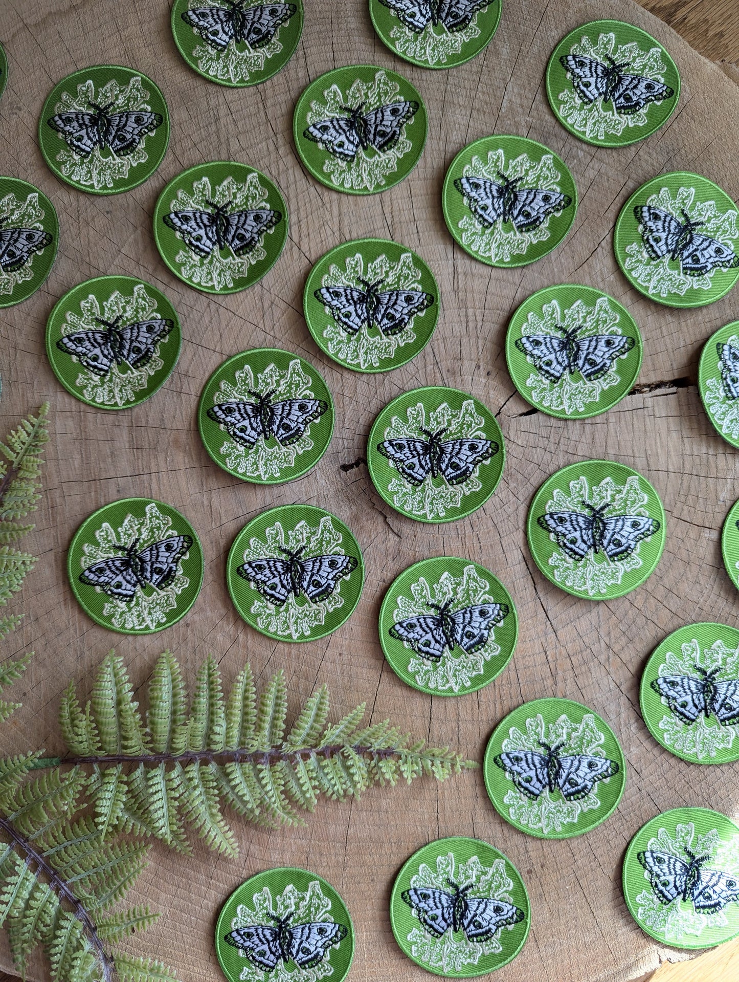 iron-on patch | polyphemus moth with lichen - green 2.5" round