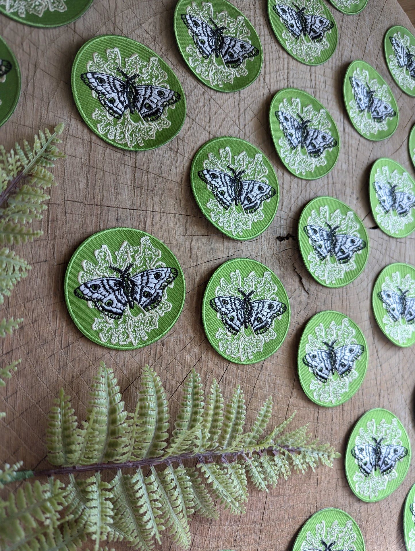 iron-on patch | polyphemus moth with lichen - green 2.5" round