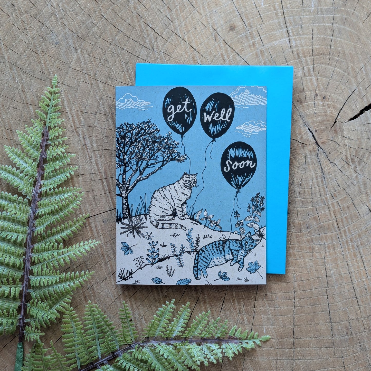 greeting card | get well soon cats - blue cats with balloons