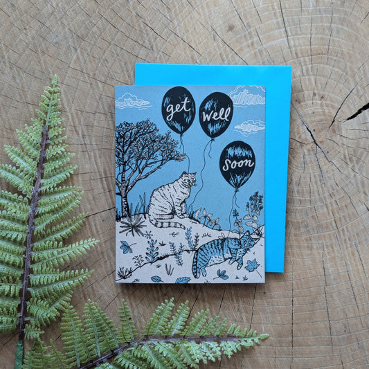 greeting card | get well soon cats - blue cats with balloons