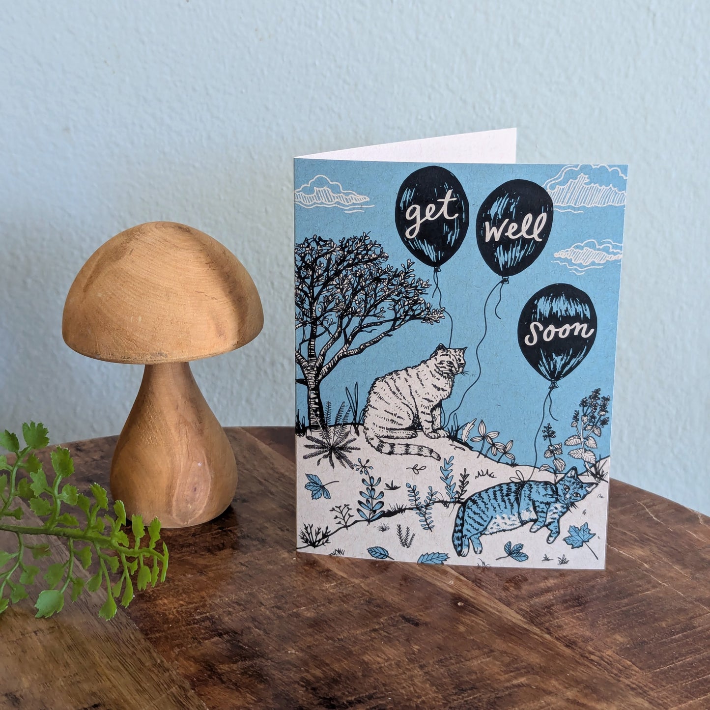 greeting card | get well soon cats - blue cats with balloons