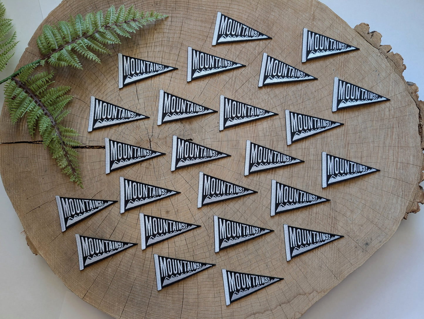 iron-on patch | mountains pennant - black & white 3.4" x 2"