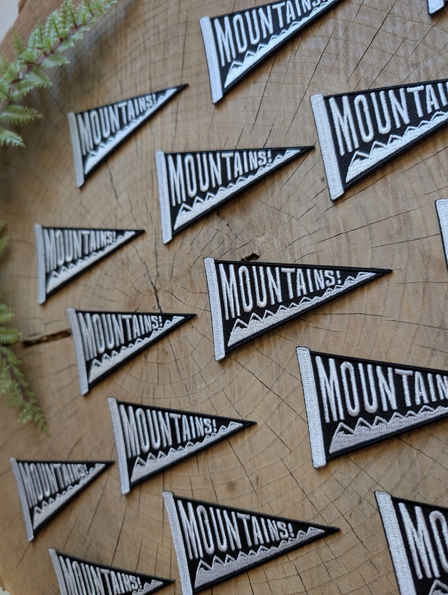 iron-on patch | mountains pennant - black & white 3.4" x 2"