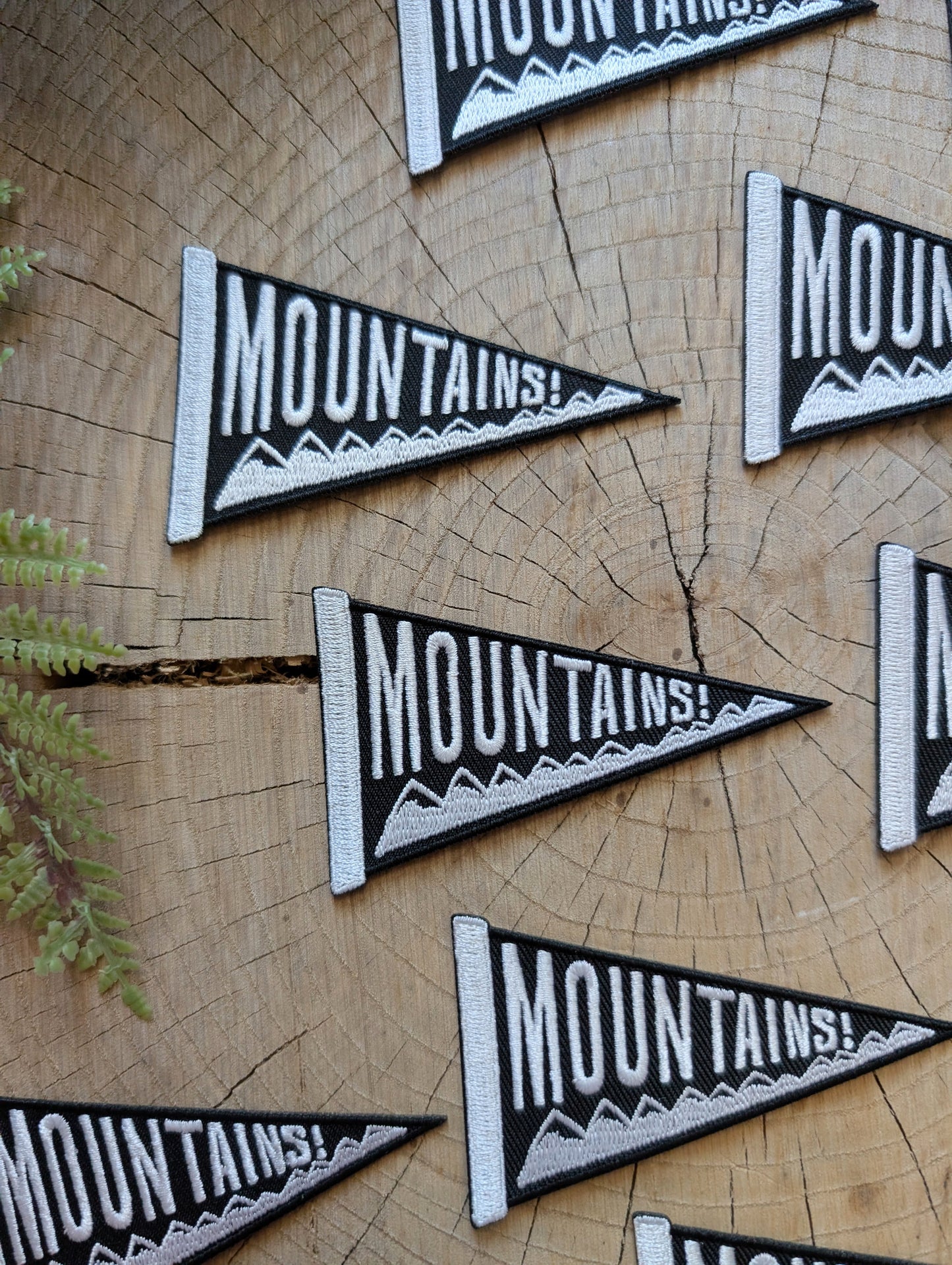 iron-on patch | mountains pennant - black & white 3.4" x 2"